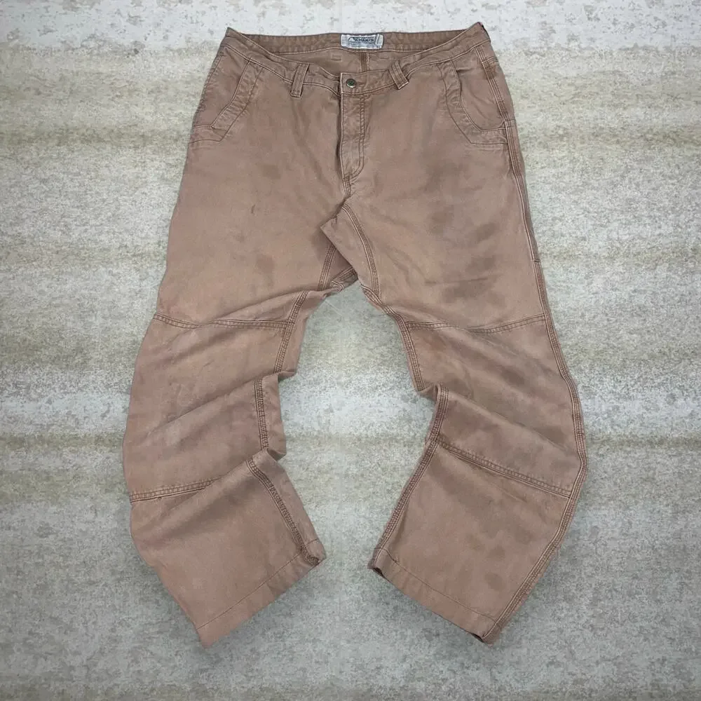 Vintage 90s Mountain Khakis Carpenter Pants 38x30 Slim Tan Canvas Double Knees - Picture 2 of 4